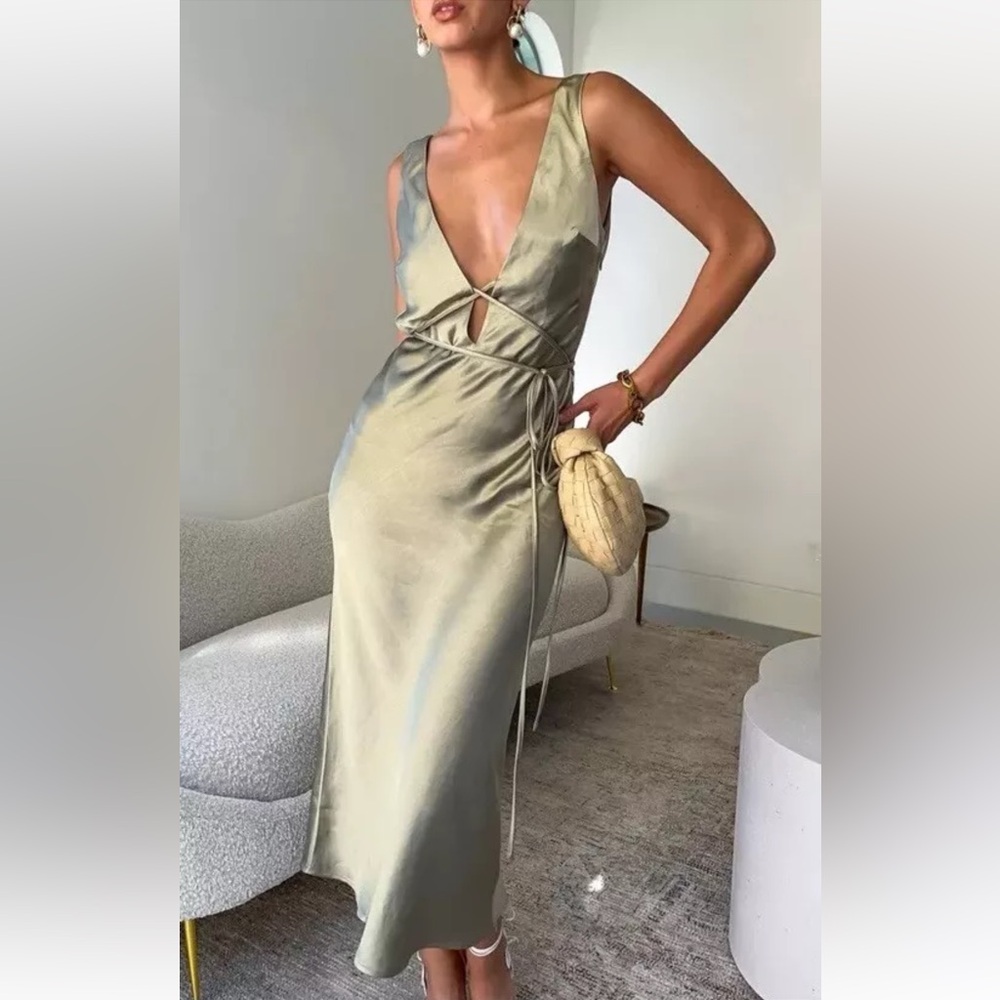 Meshki Gold Plunge Neck Wrap Slip Dress